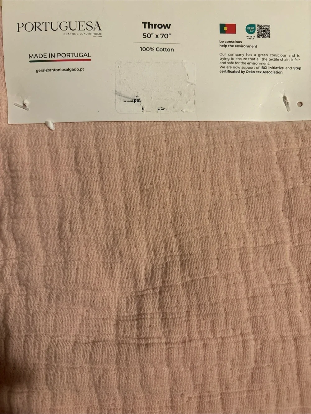 Soft Crinkle Throw Blanket in Blush Pink - Made in Portugal 100% cotton